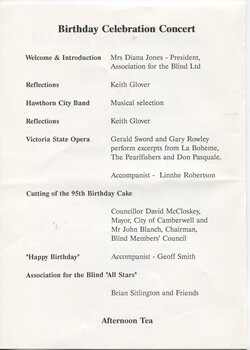 Program of events during the concert