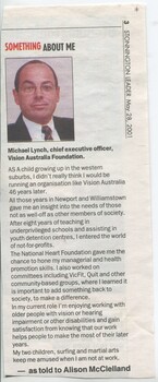Newspaper article with colour portrait of Michael Lynch