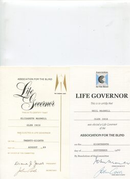 Two Life Governor certificates for Neil and Elizabeth Maxwell