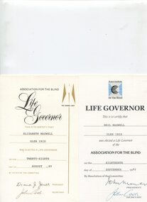 Two Life Governor certificates for Neil and Elizabeth Maxwell