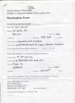Nomination form for Neil Maxwell to become Senior Citizen of the Year