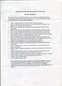 Typed document listing Neil Maxwell's volunteering history