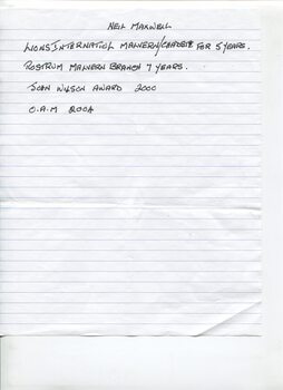 Handwritten notes by unnamed source of Neil's awards and memberships