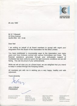 Letter from John Moule to Neil Maxwell accepting his decision to resign