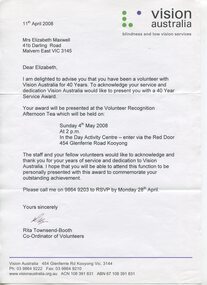 Letter recognising 40 Years of Service and invitation to celebration and afternoon tea