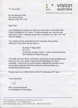 Letter recognising 40 Years of Service and invitation to celebration and afternoon tea