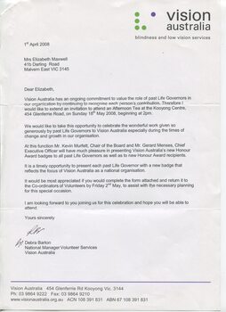 Letter recognising Life Governorship and invitation to receive VA pins acknowledging same