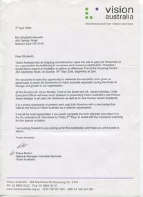 Letter recognising Life Governorship and invitation to receive VA pins acknowledging same