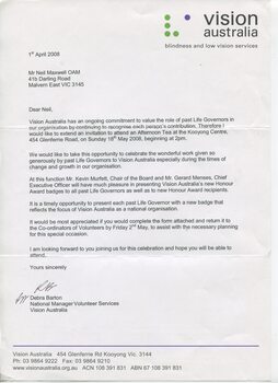 Letter recognising Life Governorship and invitation to receive VA pins acknowledging same