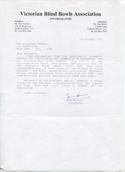 Resignation acceptance from the Victorian Blind Bowls Association