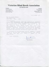 Resignation acceptance from the Victorian Blind Bowls Association