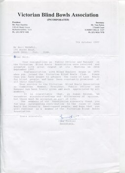 Resignation acceptance from the Victorian Blind Bowls Association