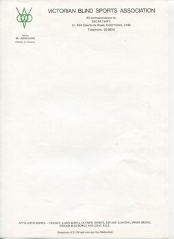 Blank A4 paper with Vic Blind Sports logo, address and list of sports covered at base
