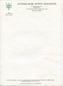 Blank A4 paper with Vic Blind Sports logo, address and list of sports covered at base
