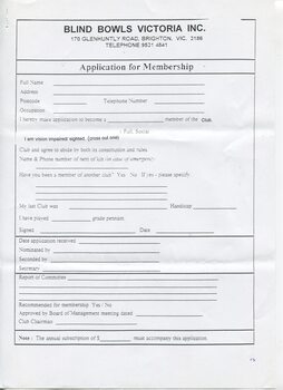 Blind Bowls Victoria constitution and rules - application for membership