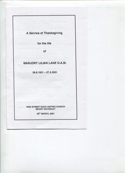 Thanksgiving service for Marj Lane