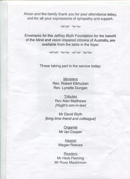 Thanking mourners, a list of those who participated in the service and reminder of envelopes to donate to charity