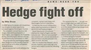 Newspaper article about Stonnington Council policy on hedges