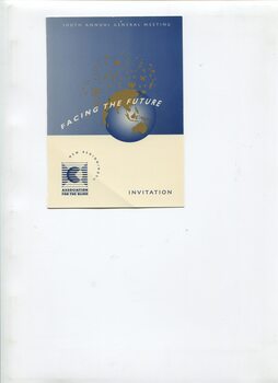 Card split into upper blue half (globe with gold land colour lifting to sky and Facing the Future in white) and white half (AFB logo and 'invitation' in blue)