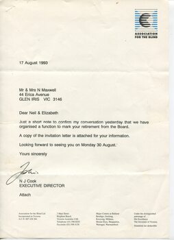 Letter advising Neil and Elizabeth that a function will be held to mark his retirement