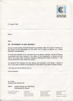 Letter inviting receiver to attend a function to mark Neil Maxwell's retirement