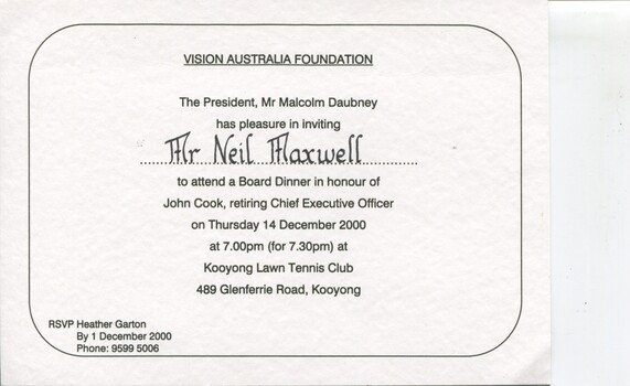 Card inviting Neil Maxwell to a Board Dinner at Kooyong Lawn Tennis Club