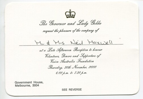 Invitation to attend Government House for a late afternoon reception