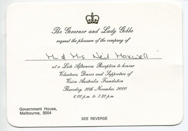 Invitation to attend Government House for a late afternoon reception