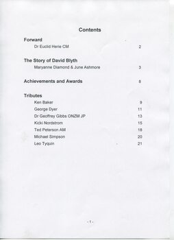 Contents page listing with forward, life story and seven tributes