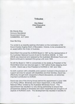 Tribute to David Blyth by Ken Baker