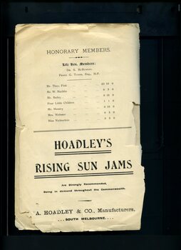List of honorary members and advertisement for Hoadley's Rising Sun jams