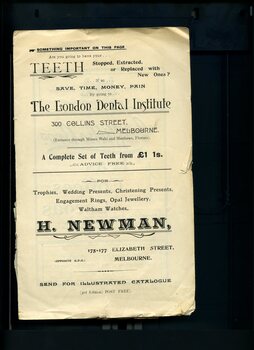 Advertisements for the London Dental Insitute and H Newman jewellery, trophies and watch shop