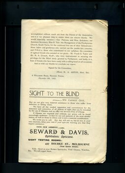 Overview of activities and events during the year and advertisement for Seward & Davis, opticians