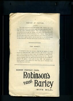 Update on visiting service and tea agency, and advertisement for Robinsons Barley