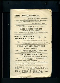 Advertisements for The Burlington, Agnes Wright, Raspberry syrup, Thos Wrigglesworth, James Ingram and Son, and John Danks & Sons
