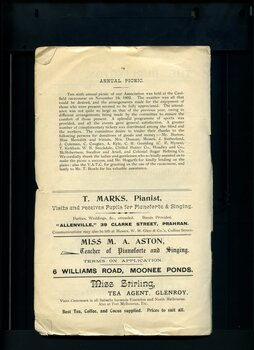 Report on Annual Picnic and advertisements for T. Marks, M.A. Aston and Miss Stirling