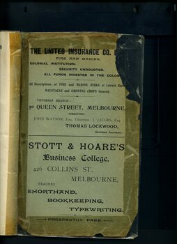 Advertisement for United Insurance Co. and Stott & Hoare's Business College