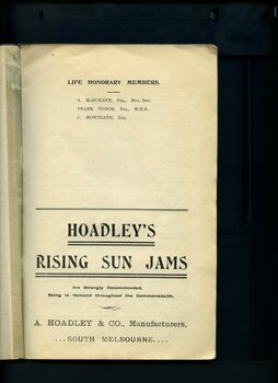 Listing of Honorary Life Members and advertisement for Hoadley's Rising Sun jams