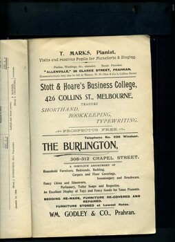 Advertisements for T. Marks, The Burlingon and Stott & Hoare's Business College
