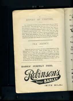 Overview of home visits and Tea Agency, and advertisement for Robinson's Barley