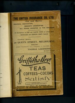 Advertisement for United Insurance and Griffiths Bros teas, coffees and cocoa