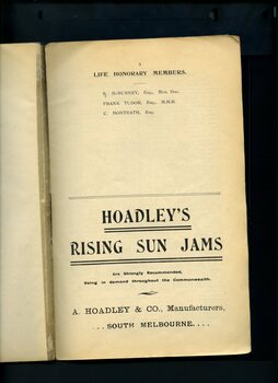 List of Honorary Life Members and advertisement for Hoadley's Rising Sun jams