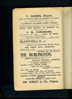 Advertisements for T. Marks, J.M. Cashmore, McConnell's and The Burlington