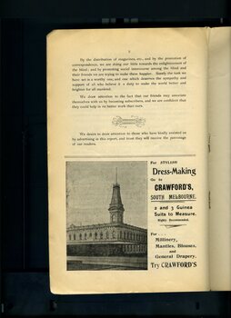 Summary of work done since the founding of the Association and advertisement for Crawfords dress-makers