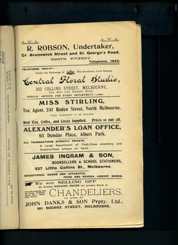 Advertisements for R. Robson, Central Floral Studio, Miss Stirling, Alexander's Loan Office, James Ingram & Son, and John Danks & Sons