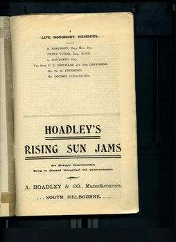 List of Honorary members and advertising for Hoadley's Rising Sun jams