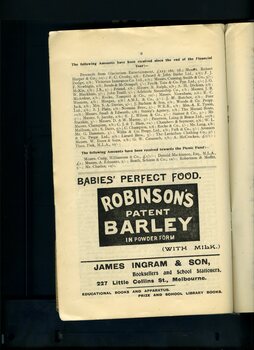 Listing of subscriptions and donations received and advertisement for Robinson's Barley and James Ingram & Son
