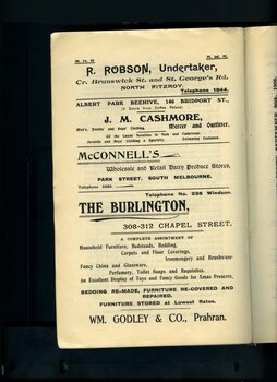 Advertisements for R Robson, J.M. Cashmore, McConnell's and The Burlington