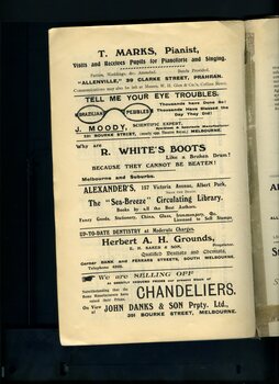 Advertisements for T Marks, J Moody, R White's Boots, Alexanders, Herbert A H Grounds and John Danks & Sons