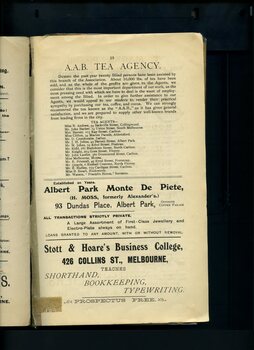 Overview of Tea Agency and advertisement for Albert Park Monte De Piete and Stott and Hoare's Business College